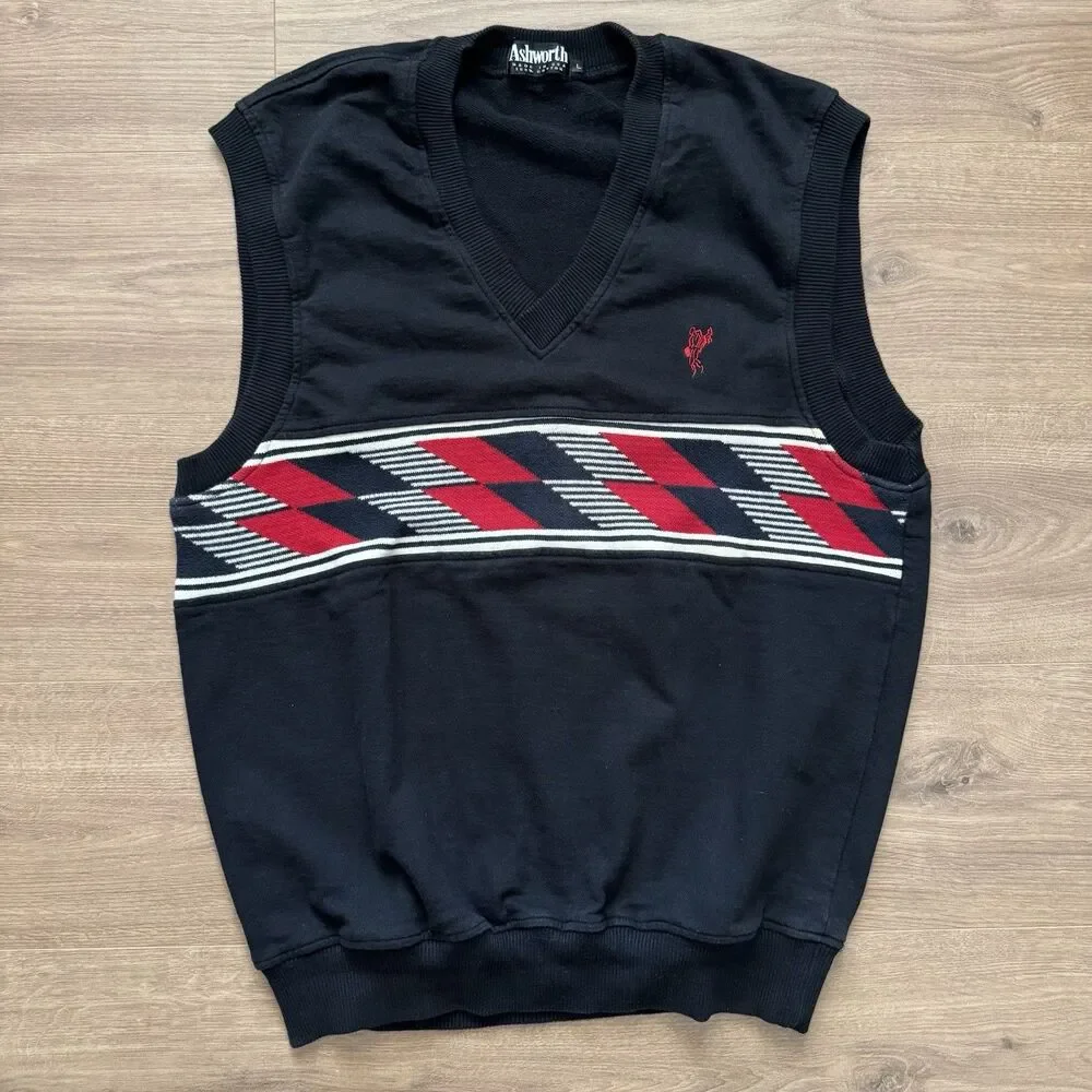 Vintage 90s Ashworth Golf Sweater Vest L Black Argyle Embroidered Logo USA Made